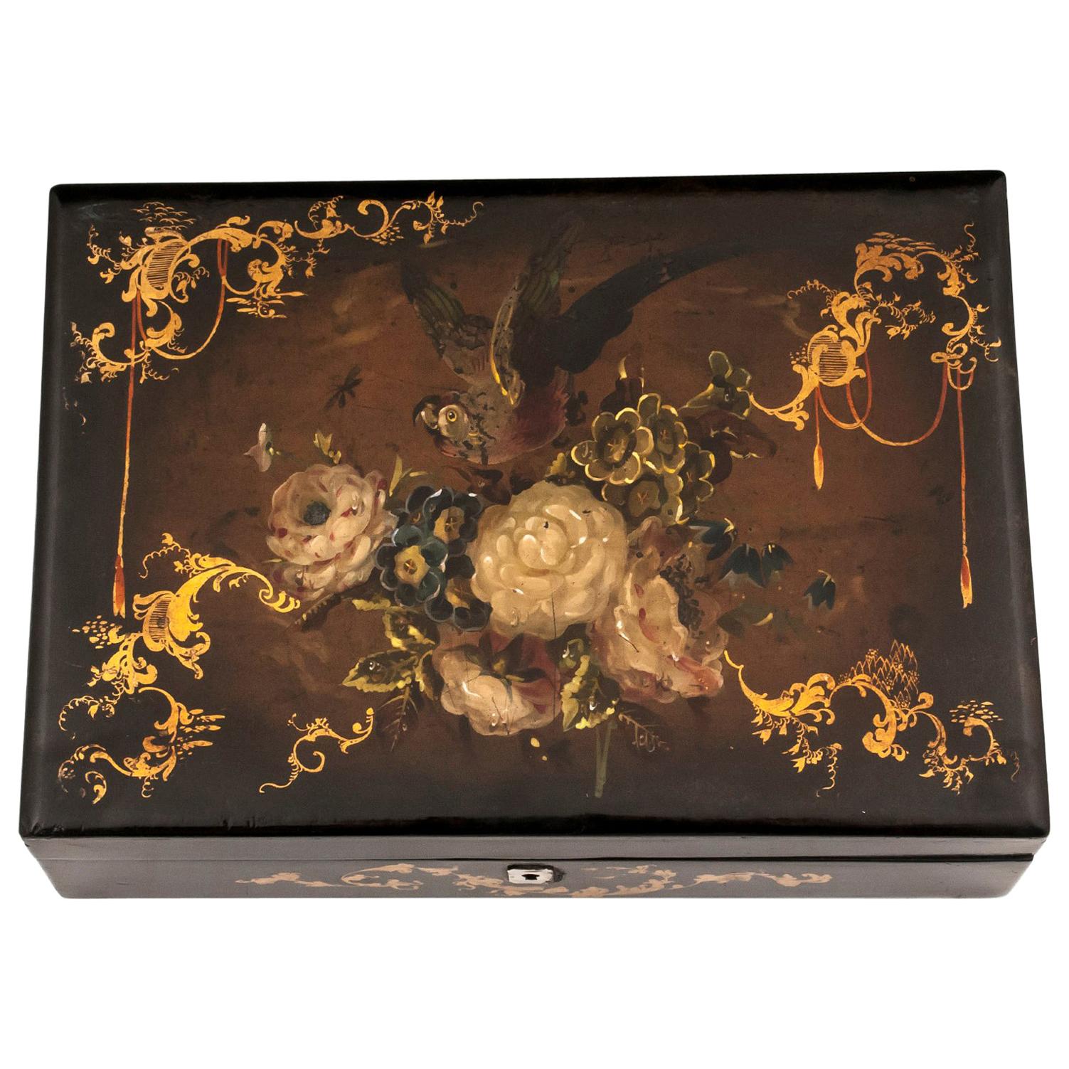 Papier Mâché Sewing Box Velvet Lined Mother-of-Pearl, 19th Century For Sale