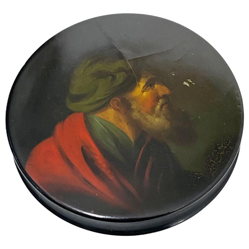 Papier-mâché Snuffbox, Painted with a Portrait of a Bearded Man For Sale