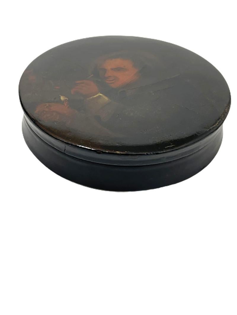 German Papier-mâché Snuffbox, Painted with a Portrait of a Smoking Man For Sale