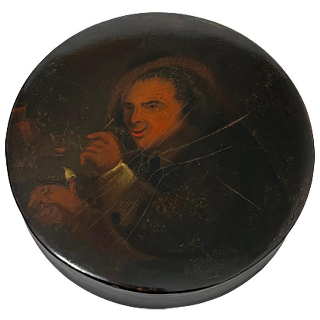 Papier-mâché Snuffbox, Painted with a Portrait of a Smoking Man For Sale