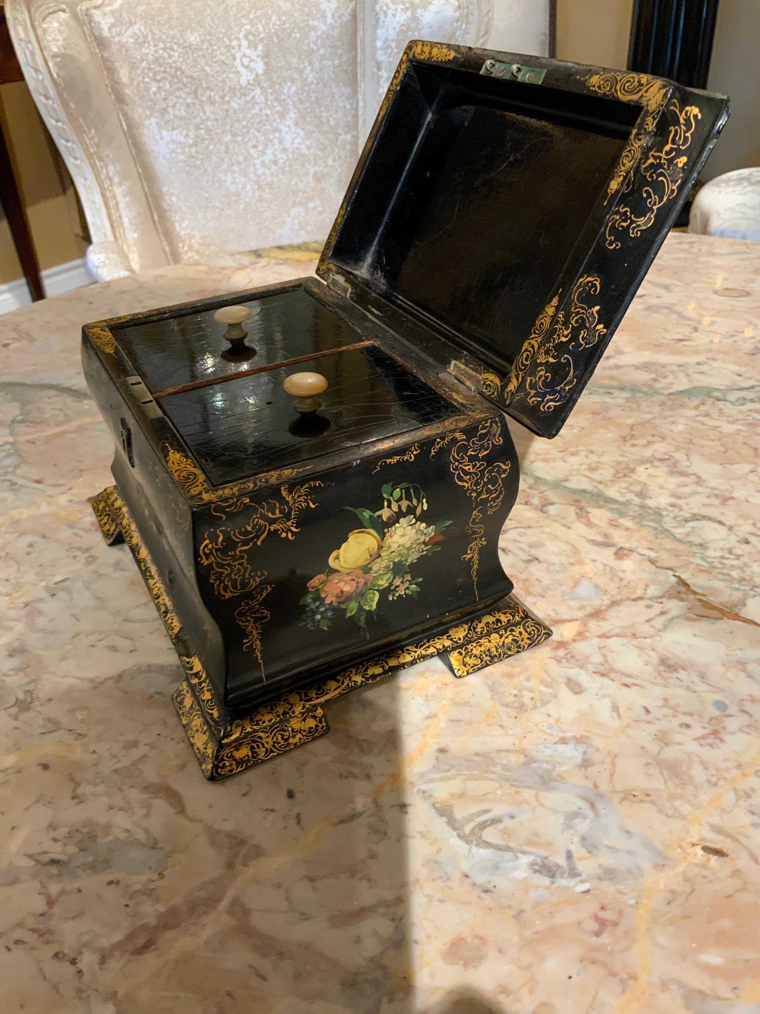 Exquisite quality with exceptional workmanship and art. Floral designs are painted on all
Sides of this tea caddie. It sits on bracketed feet. Provenance: the estate of Mrs. Henry Ford.