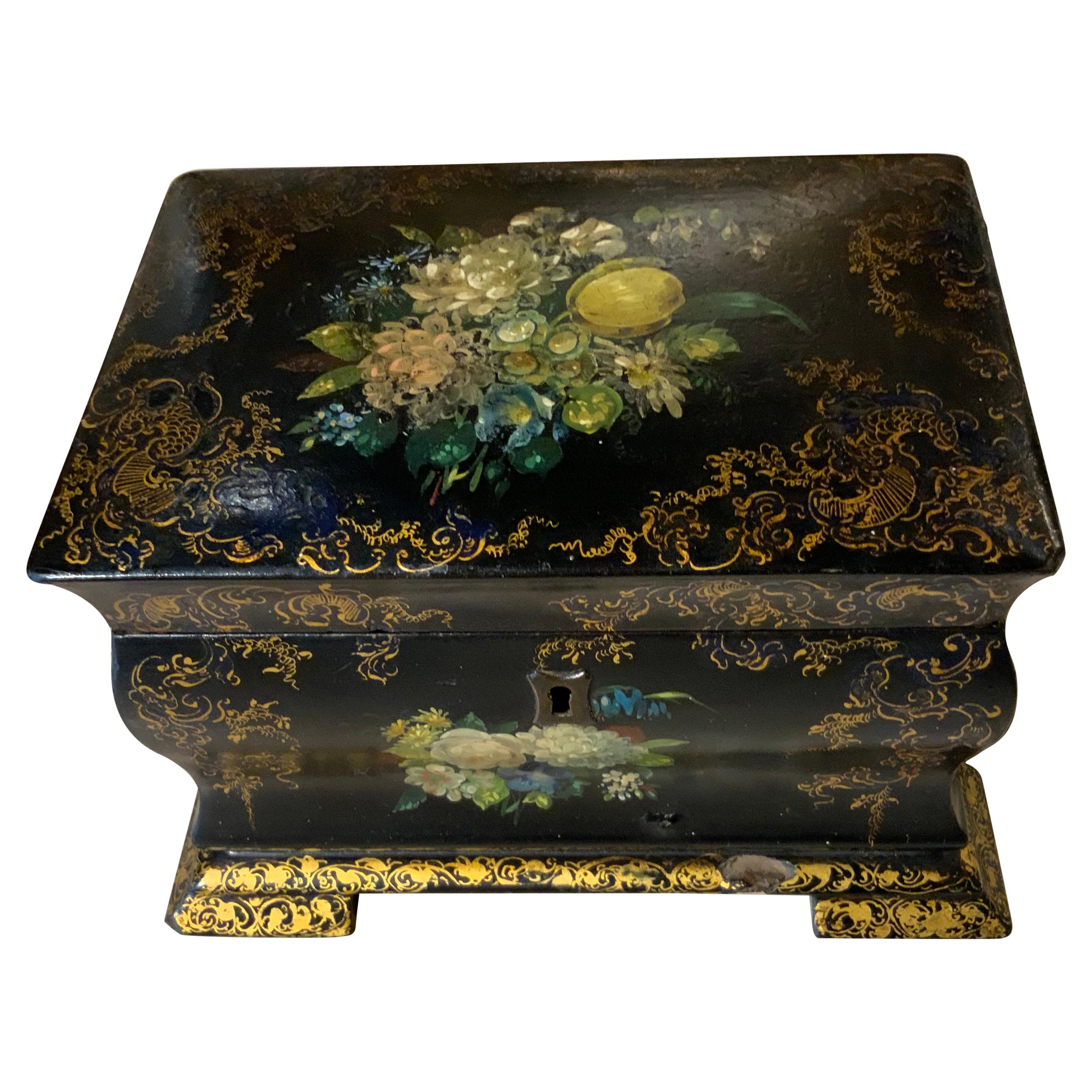 Papier-Mâché Tea Caddie /1850 with Floral and Foliate Designs with Black Ground For Sale