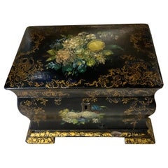 Papier-Mâché Tea Caddie /1850 with Floral and Foliate Designs with Black Ground