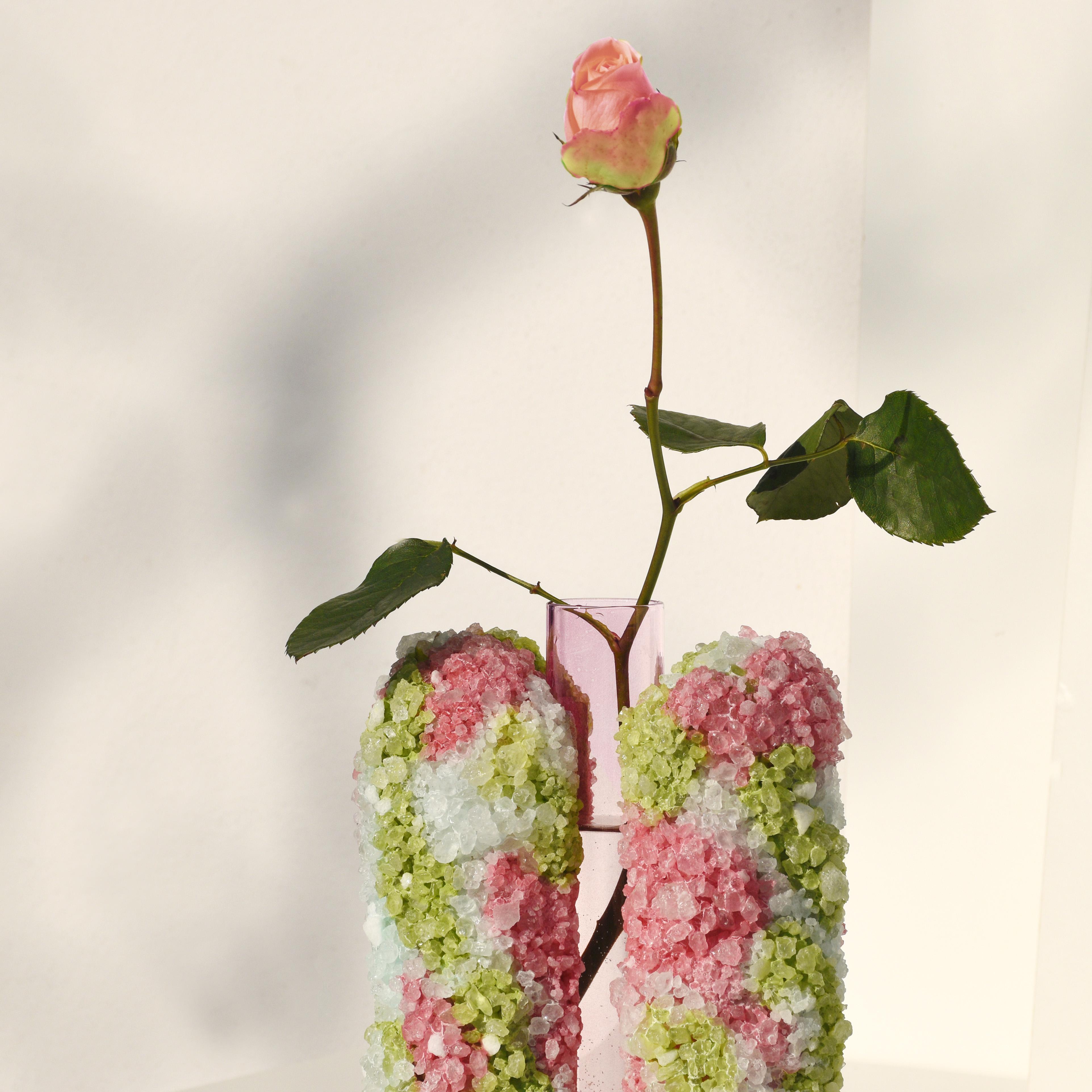 Organic Modern Pink & Green Handcrafted Stone with Rock Crystals Vase by COKI For Sale
