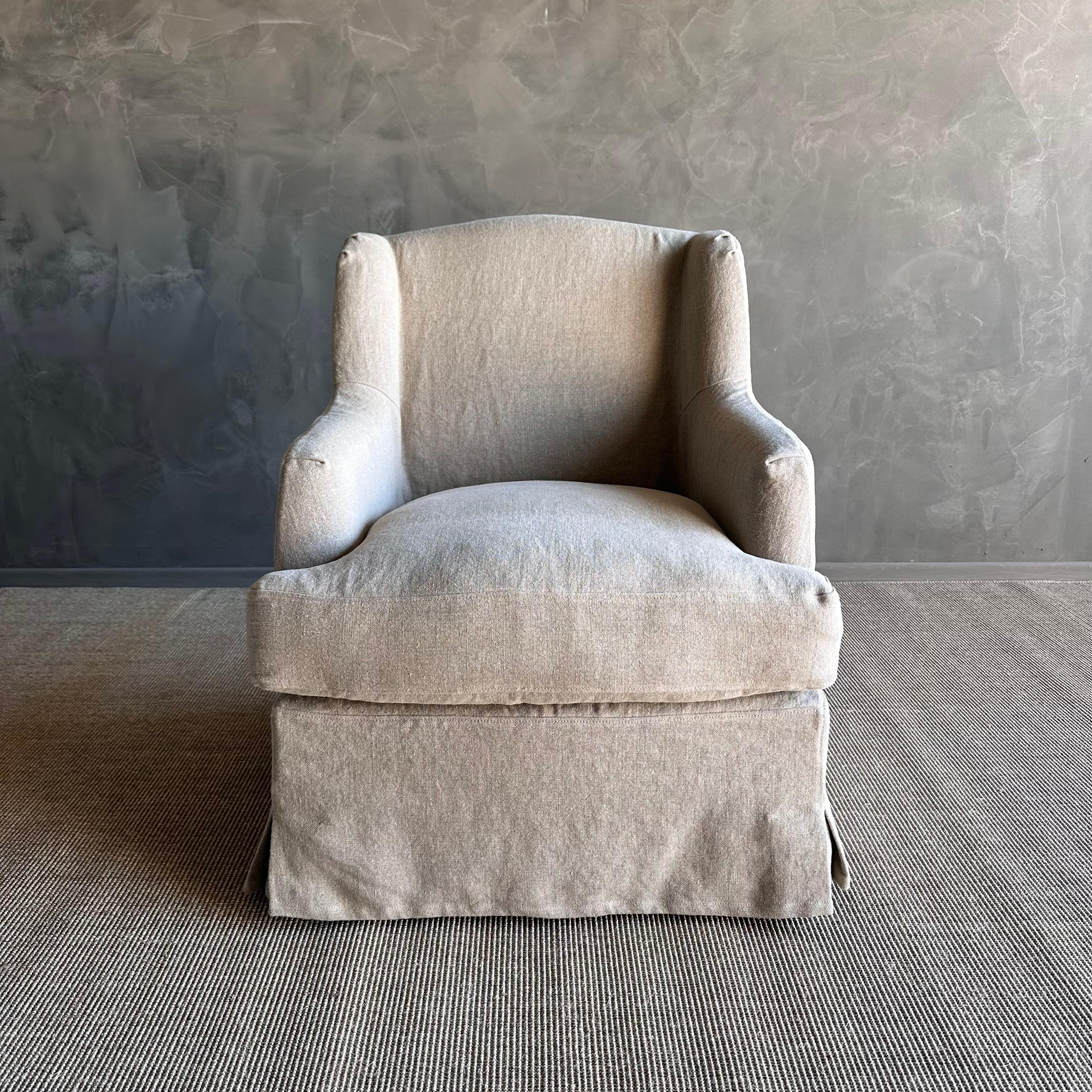Organic Modern Papillion 100% Pure Linen Slip Covered Wing Back Style Chair For Sale