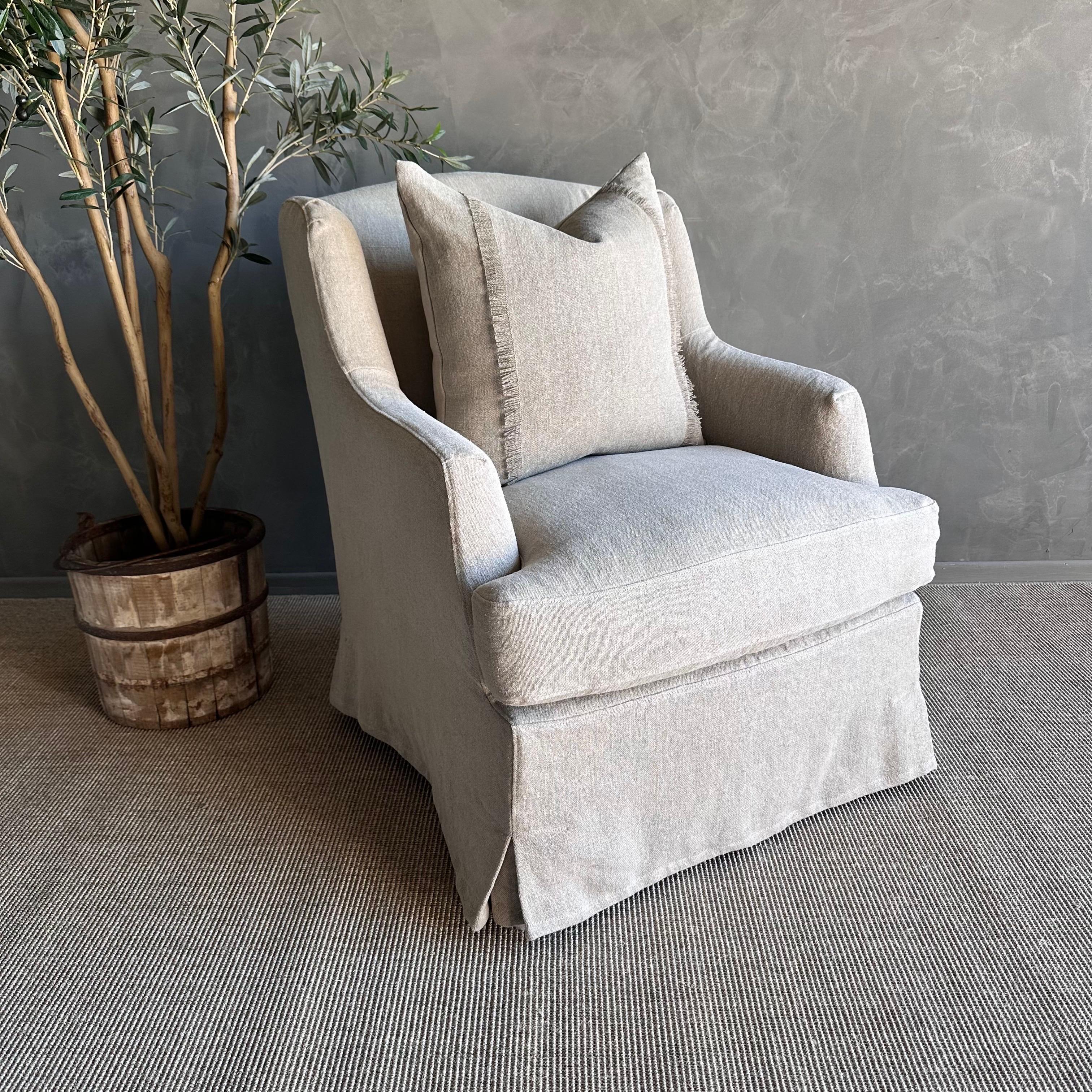 Papillion 100% Pure Linen Slip Covered Wing Back Style Chair In New Condition For Sale In Old Town Orange, CA