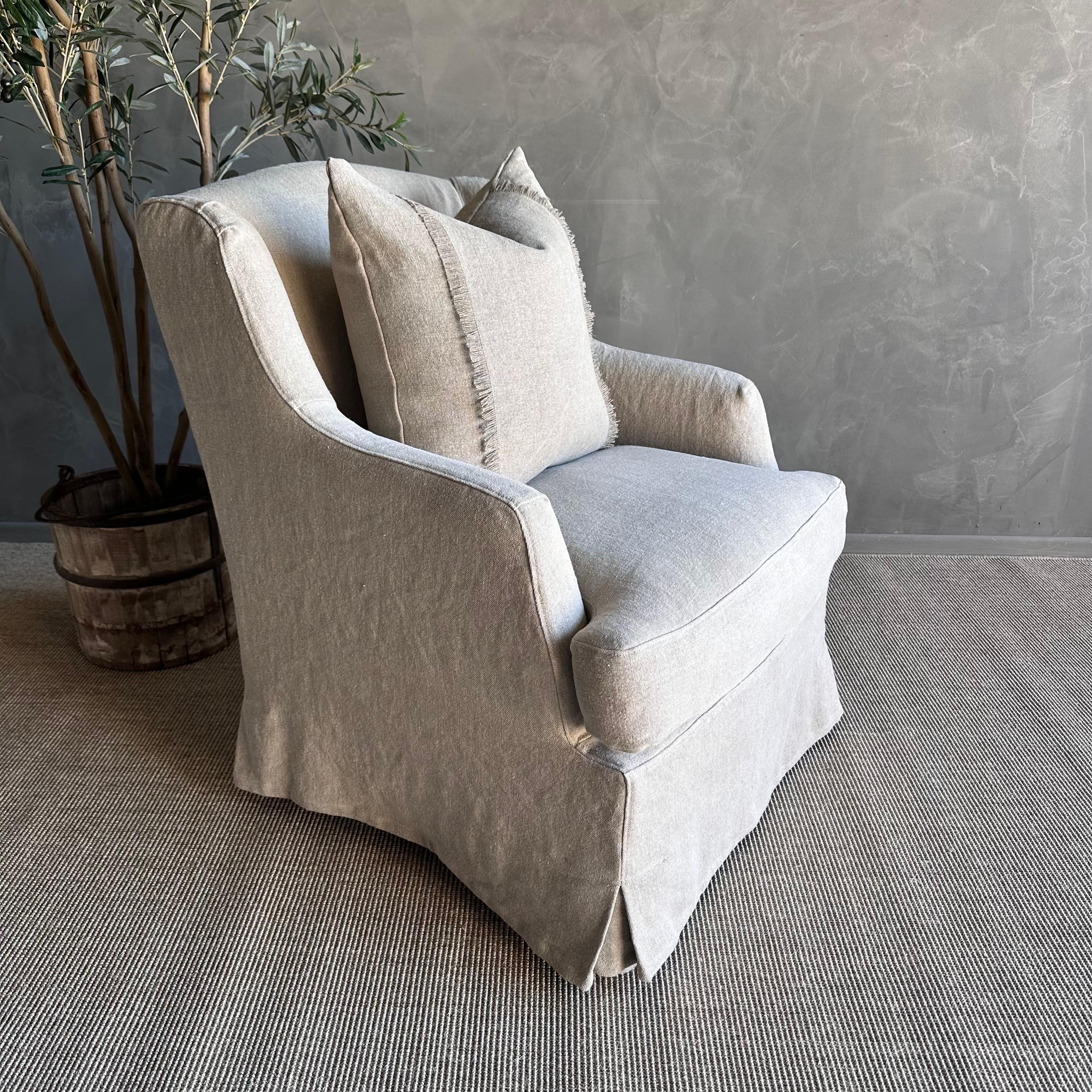 Papillion 100% Pure Linen Slip Covered Wing Back Style Chair For Sale 2