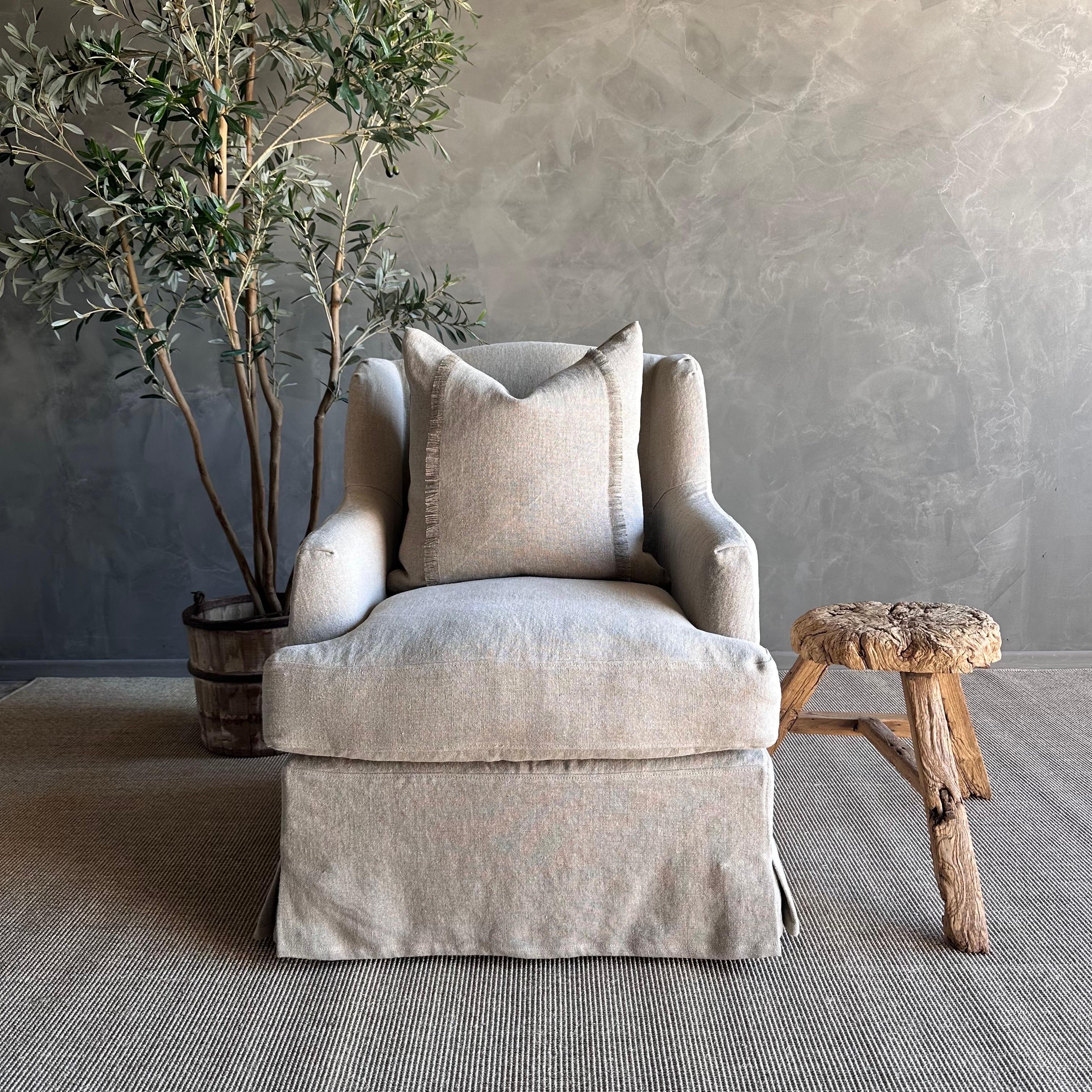 Papillion 100% Pure Linen Slip Covered Wing Back Style Chair For Sale 4