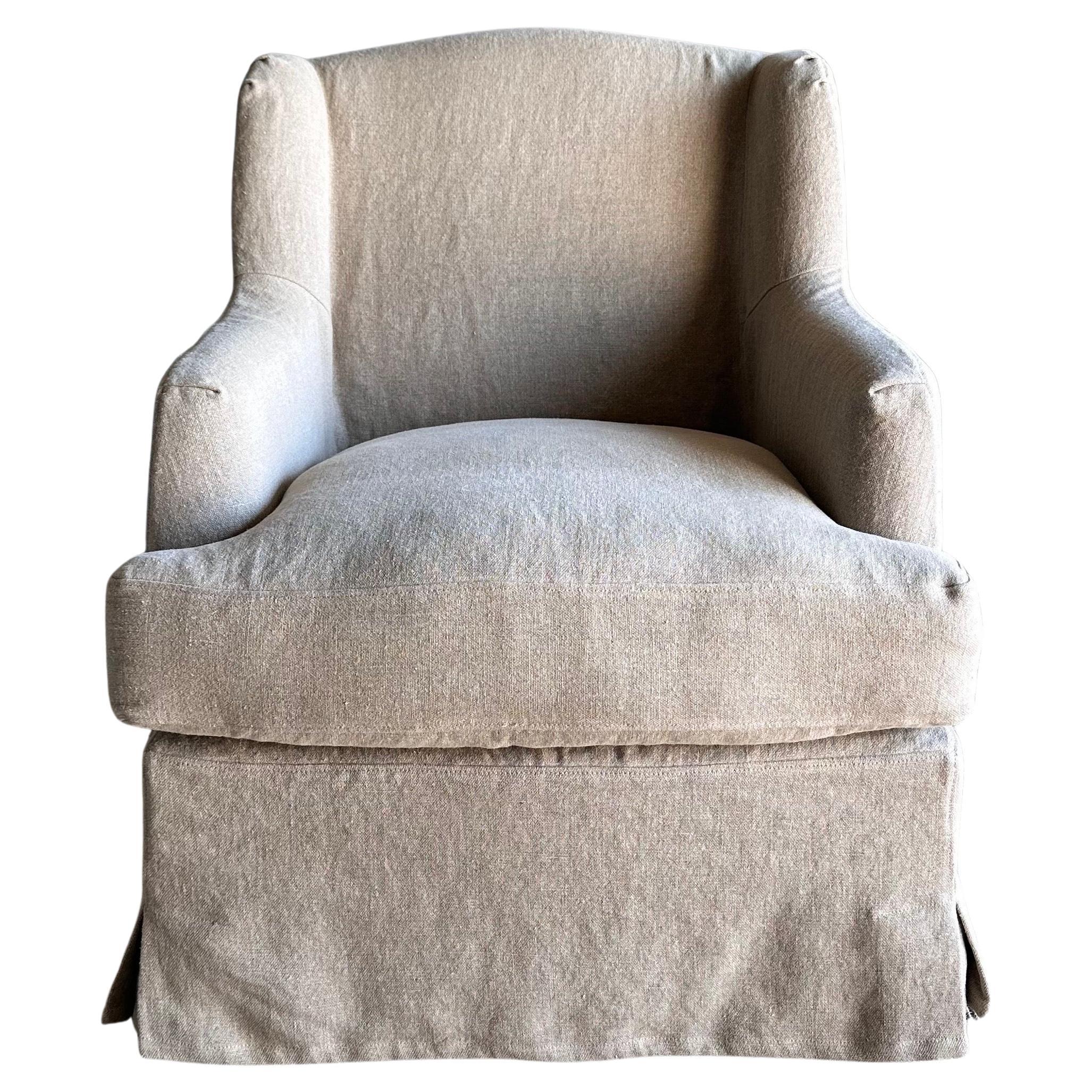 Papillion 100% Pure Linen Slip Covered Wing Back Style Chair For Sale