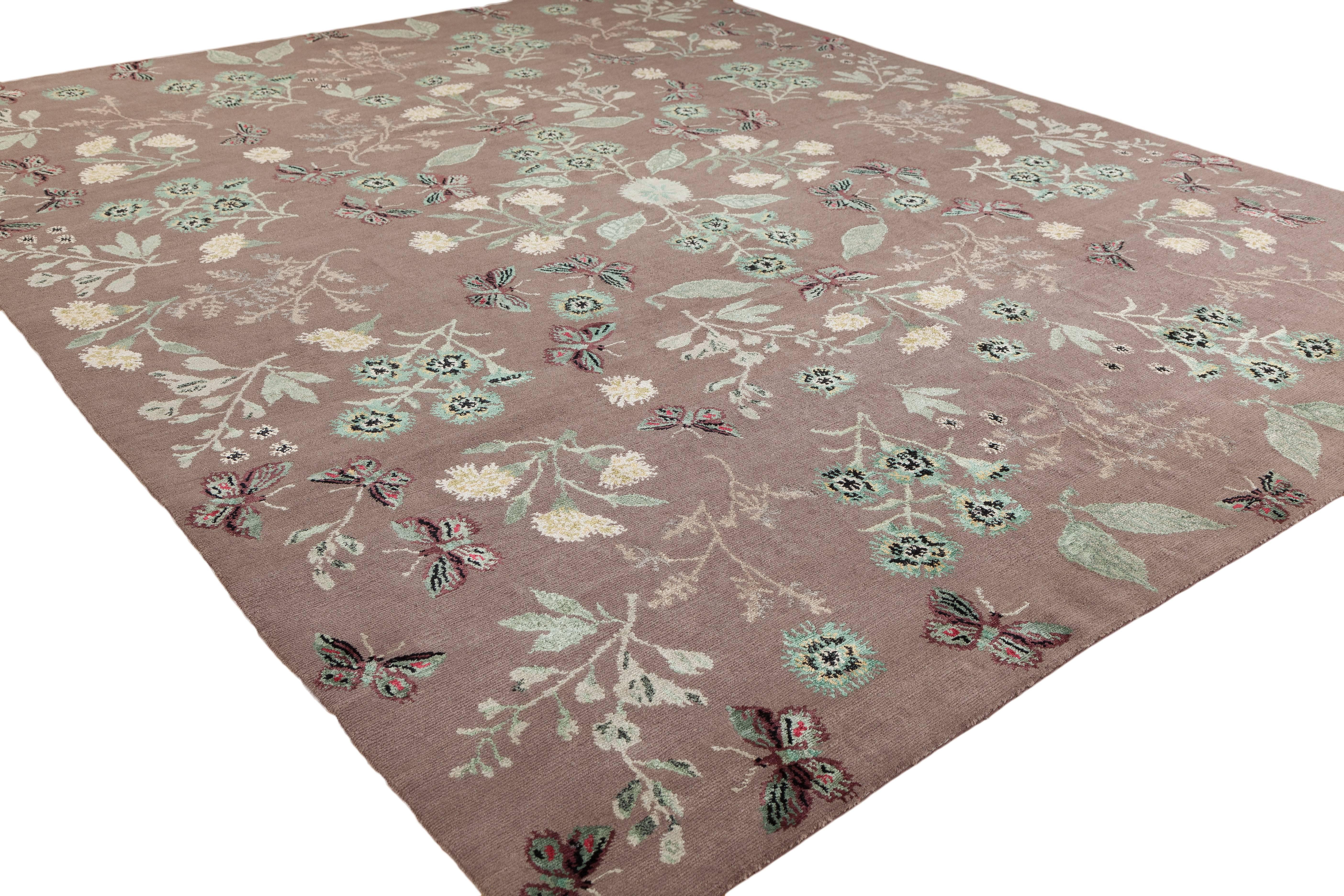 Butterflies float in a Garden of Delights in this unexpected and updated floral design. It features a Tibetan wool background with design elements in both Chinese silk as well as a blend of Tibetan wool, Chinese silk and natural nettle fibers. Our
