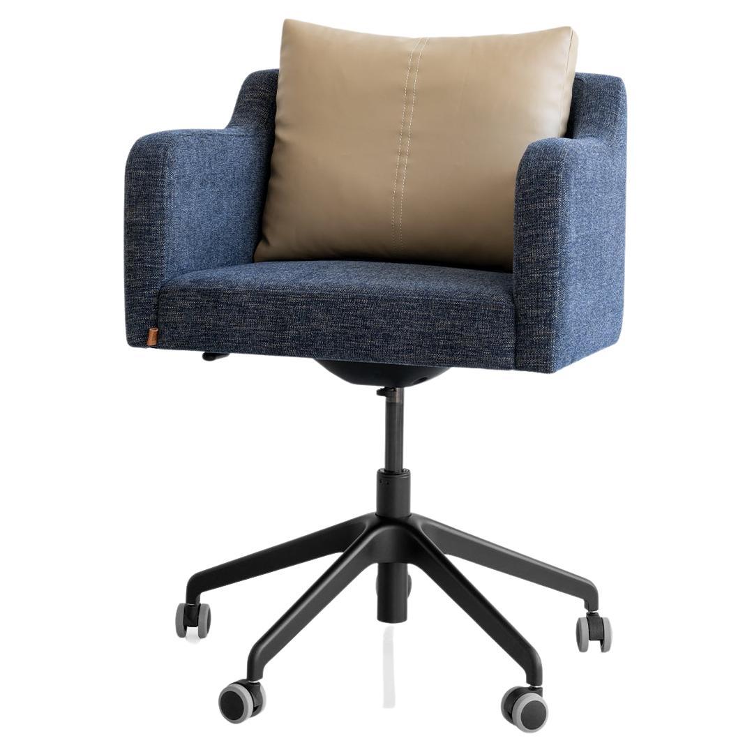 Papillonne Blue and Beige Swivel Office Chair with Black Wheel For Sale