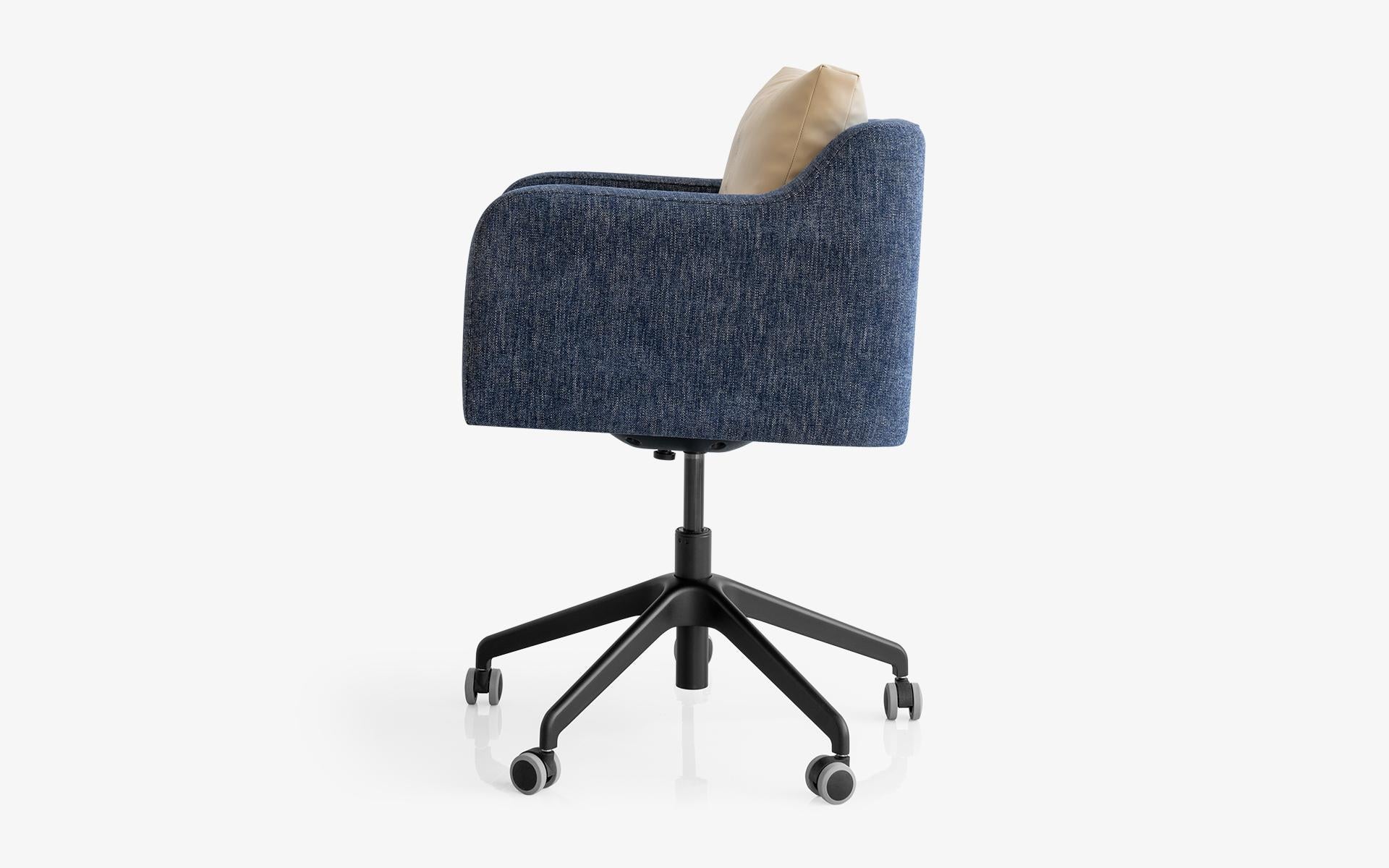 Hand-Crafted Papillonne Blue Swivel Office Chair with Black Wheel **LEAD TIME 5 WEEKS** For Sale