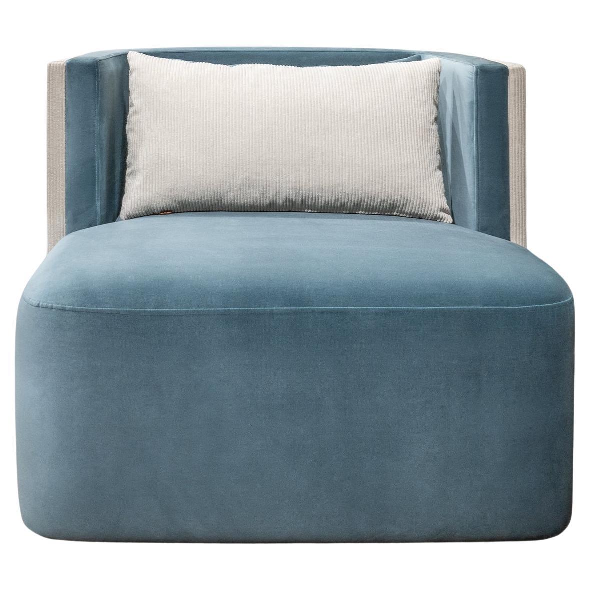 Papillonne Blue Velvet and Beige Corduroy Fabric Armchair For Sale