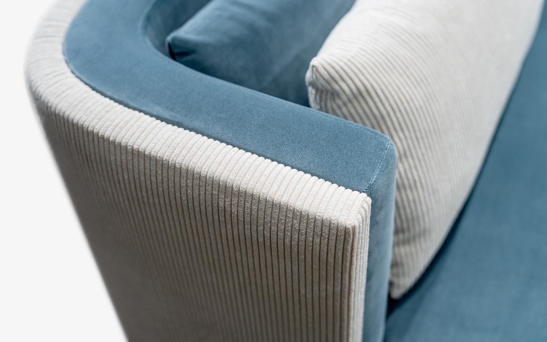 Woodwork Papillonne Blue Velvet and Beige Corduroy Fabric Armchair For Sale