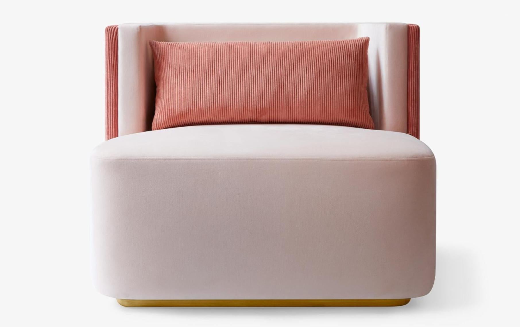 Papillonne Salmon Pink Armchair by Lagu
Designed by Ufuk Ceylan
Dimensions: W 80 x D 72 x H 73 cm
Materials: Brass, Fabric, Foam, Hardwood, Metal, Upholstery.

The Papillonne Salmon pink armchair complements your style with its flawless form and