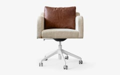 Papillonne Swivel Wheeled White Office Chair with Real Brown Leather Pillow