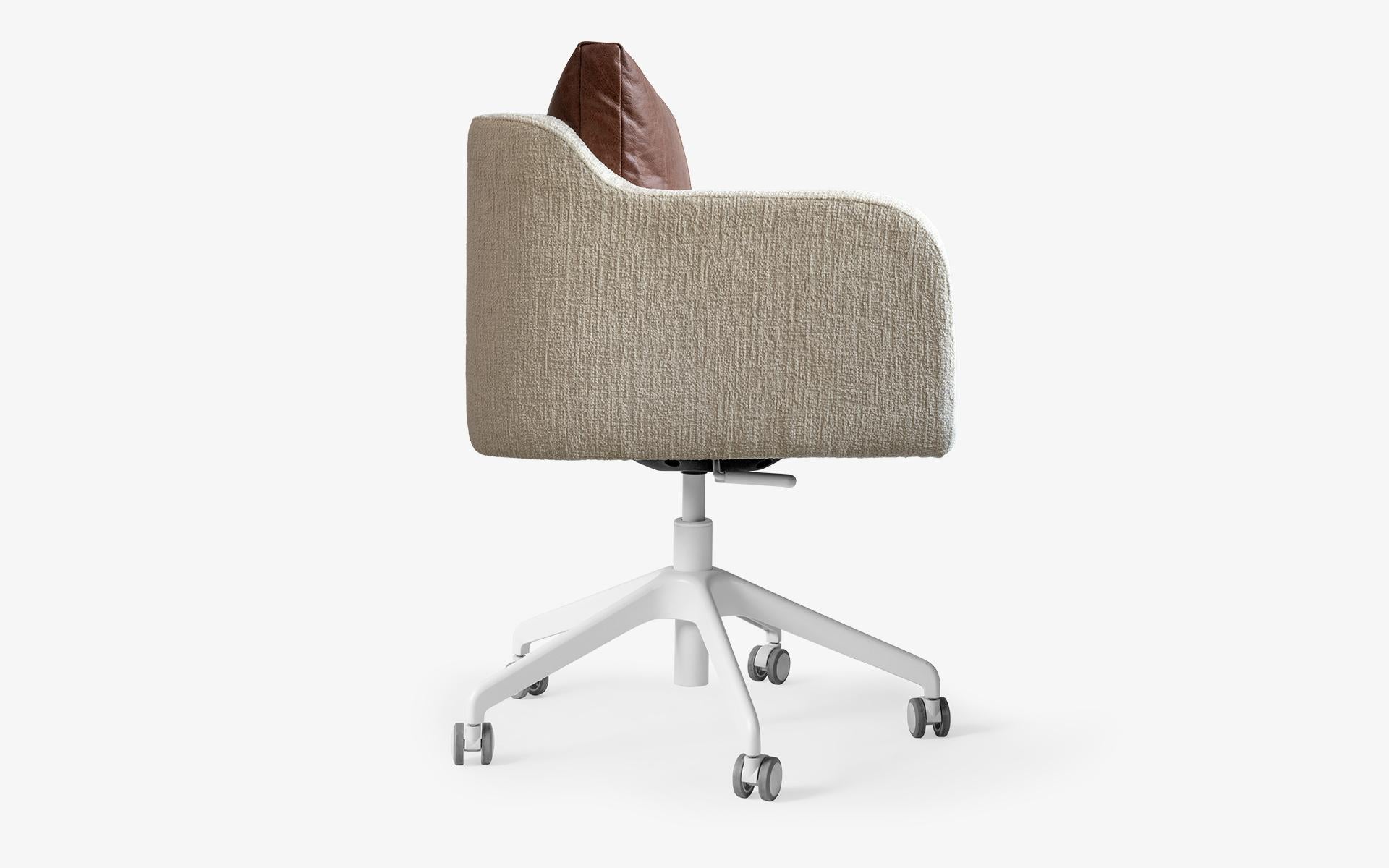 Modern Papillonne Swivel Wheeled White Office Chair with Real Brown Leather Pillow For Sale