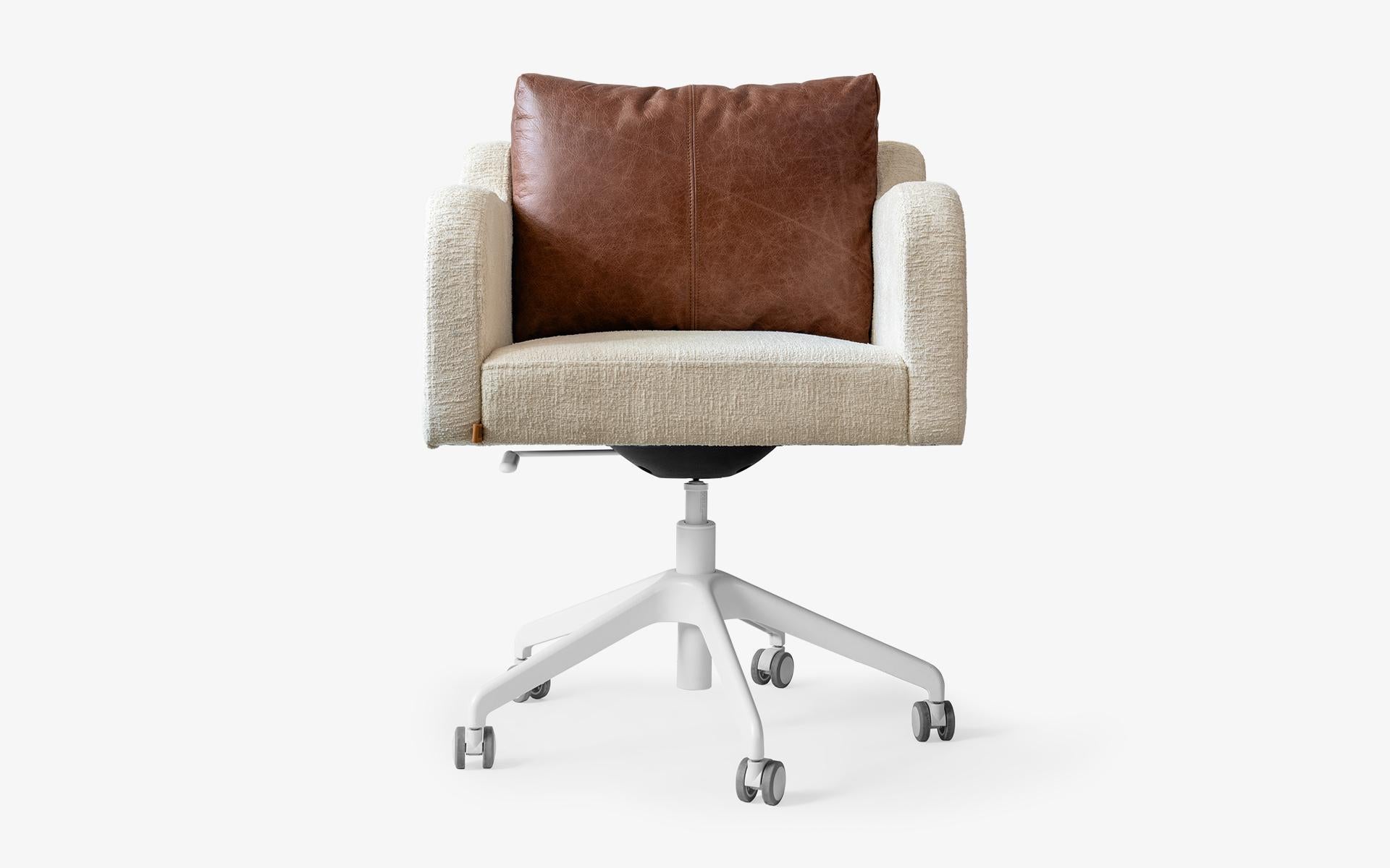 Metalwork Papillonne Swivel Wheeled White Office Chair with Real Brown Leather Pillow For Sale