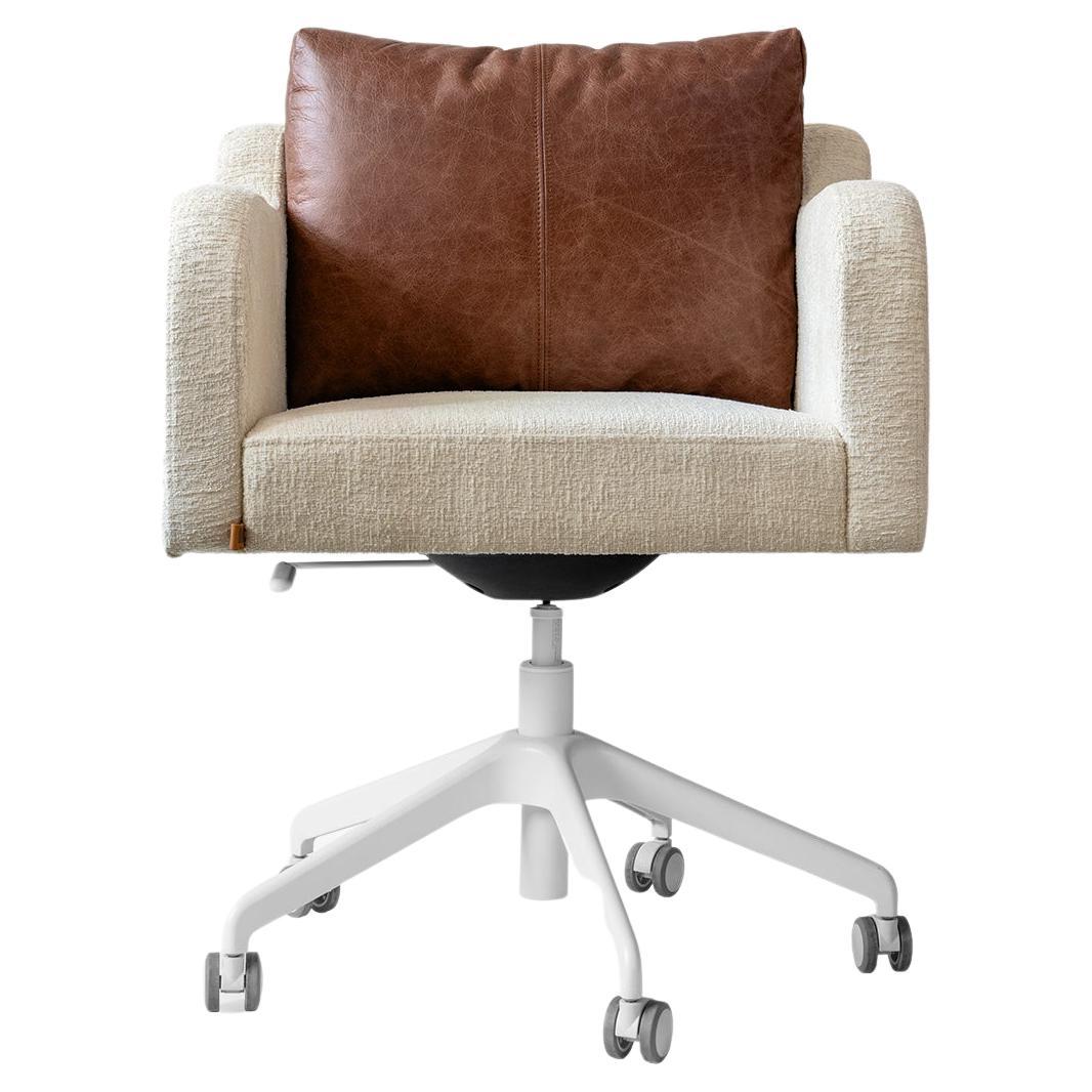 Papillonne Swivel Wheeled White Office Chair with Real Brown Leather Pillow For Sale