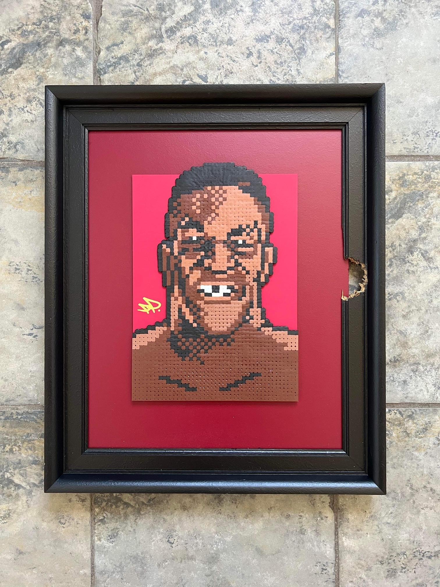 Mike Tyson 3-D figurative pop art, street art, pixels framed, red, contemporary
