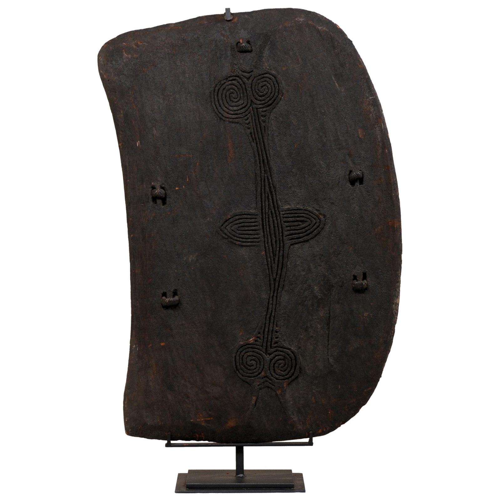 Papua New Guinea Carved-Wood Lumi Shield on Custom Iron Stand For Sale