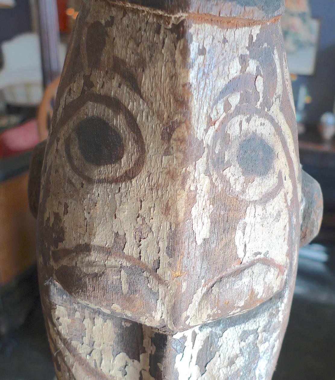 Papua New Guinea Tribal Art Pigment Anchor with Hand Carved Figure Heads In Distressed Condition In Santa Monica, CA