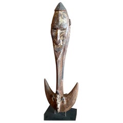 Papua New Guinea Tribal Art Pigment Anchor with Hand Carved Figure Heads