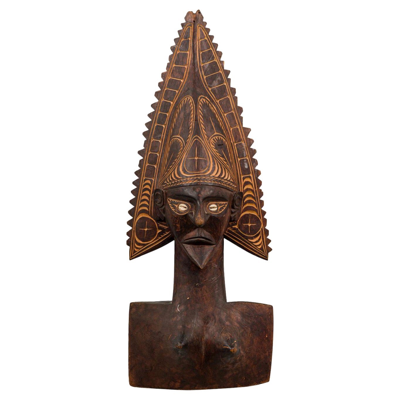 Papua New Guinean Carved Wood and Cowrie Shell Mask / Figure