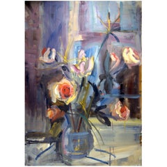 "Papyrus and Roses, " 1997 Blue Still-Life Floral Oil on Canvas by Diane Love