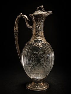Par de jarras francesas para agua  de cristal tallado y plata circa 1900