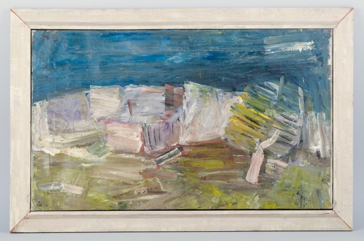 Pär Lindblad (1907-1981), listed Swedish artist.
Oil on canvas.
Modernist landscape. ”Klippor och träd