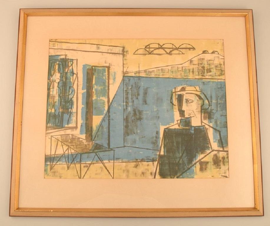 Pär Lindblad (1907-1981), Sweden. Watercolor, gouache. Modern composition with man in front. Mid-20th century.
Visible dimensions: 47 x 37 cm.
Total dimensions: 60 x 51 cm.
The frame measures: 2.5 cm.
Signed.
In excellent condition.