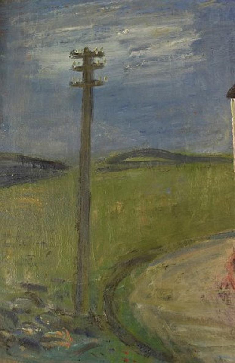 Scandinavian Modern Pär Lindblad, Swedish Artist, Oil on Canvas, Modernist Landscape