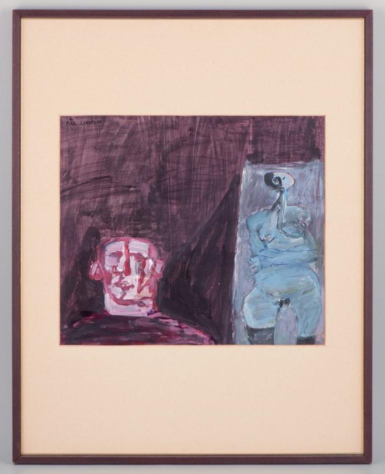 Pär Lindblad (1907-1981), bekannter schwedischer Künstler. 
Gouache auf Papier.
Abstrakte figurative Komposition.
Ungefähr in den 1960er Jahren.
Unterschrieben.
In perfektem Zustand.
Abmessungen: Breite 38,5 cm x Höhe 33,0 cm.
Gesamtabmessungen: