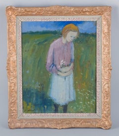 Pär Lindblad, listed Swedish artist. Oil on board. Girl in a flower field.