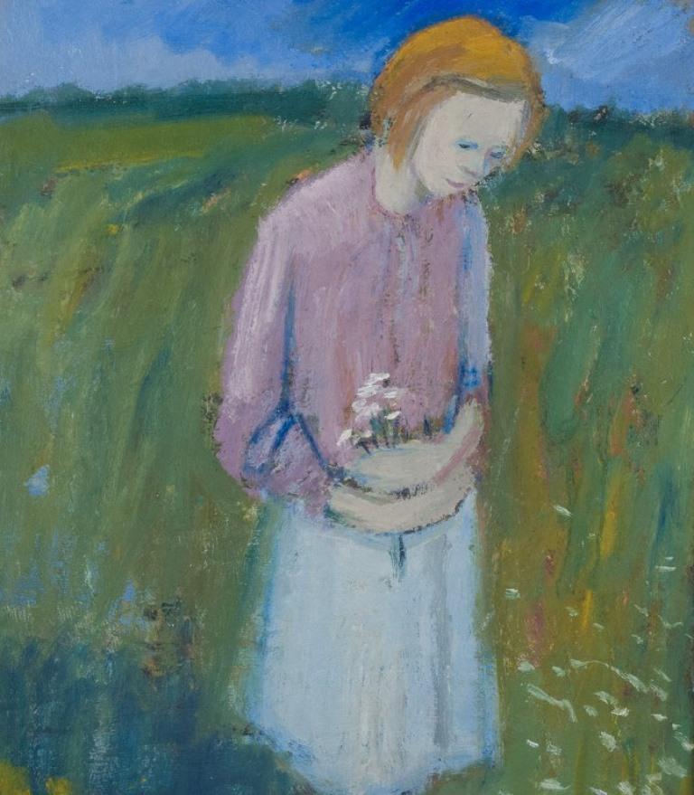 Modern Pär Lindblad, listed Swedish artist. Oil on board. Girl in a flower field.  For Sale
