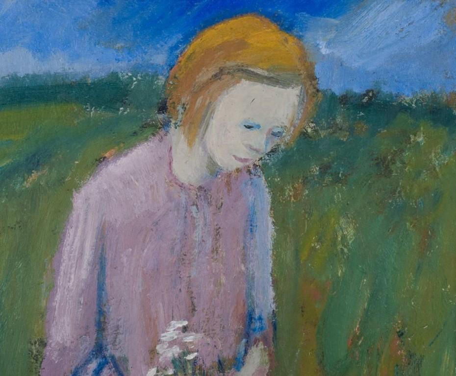 Pär Lindblad, listed Swedish artist. Oil on board. Girl in a flower field.  In Excellent Condition For Sale In Copenhagen, DK
