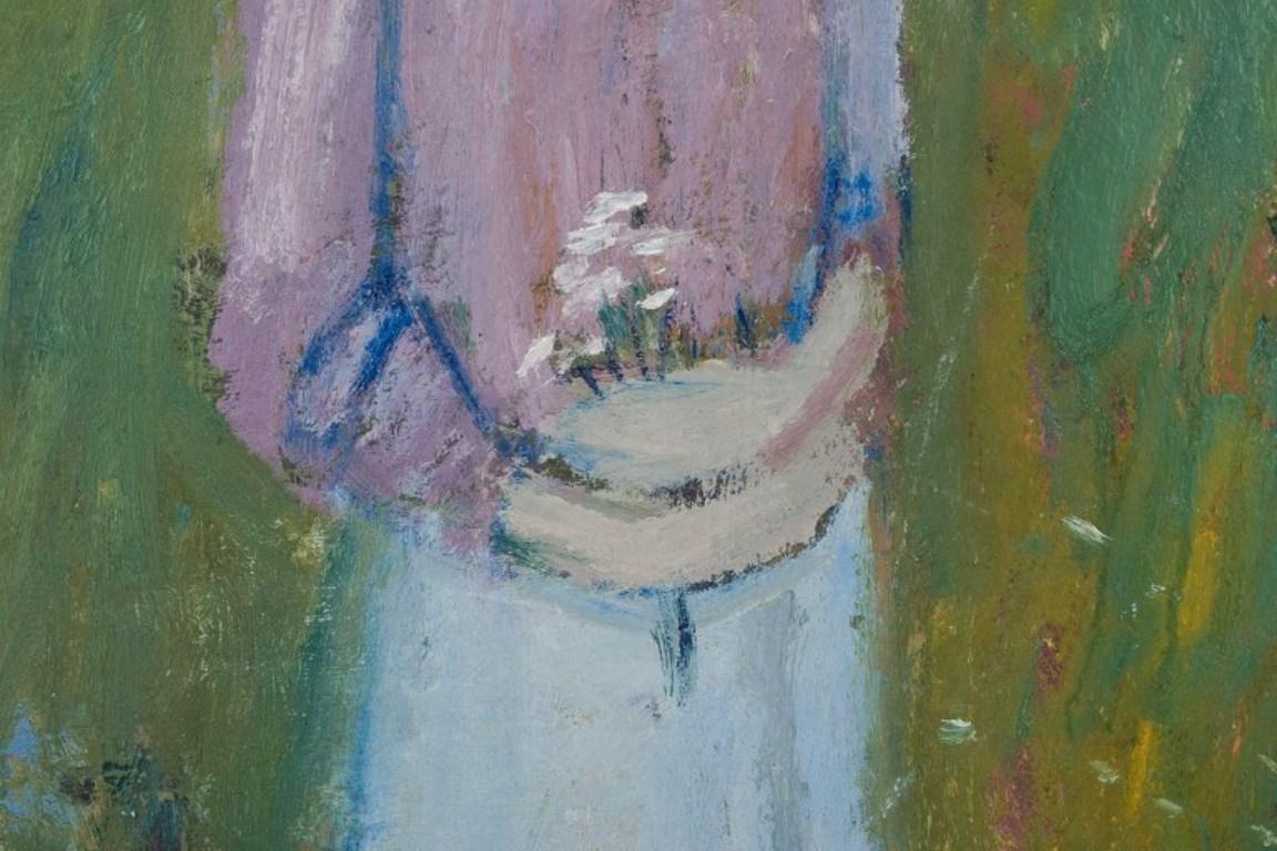Mid-20th Century Pär Lindblad, listed Swedish artist. Oil on board. Girl in a flower field.  For Sale