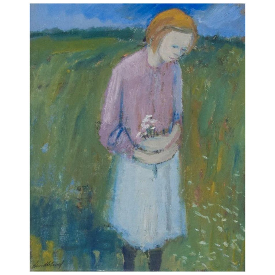 Pär Lindblad, artiste suédois répertorié. Huile sur planche. Fille dans un champ de fleurs. en vente
