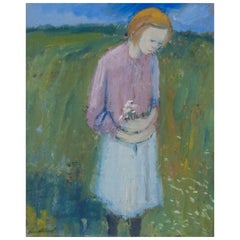 Pär Lindblad, listed Swedish artist. Oil on board. Girl in a flower field.