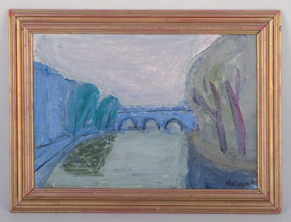 Pär Lindblad, listed Swedish artist.
Oil on canvas. 
Modernist landscape with river and bridge.
Mid-20th century.
Signed.
In perfect condition.
Visible dimensions: W 49.0 cm x H 34.0 cm.
Total dimensions: W 60.0 cm x H 45.0 cm.