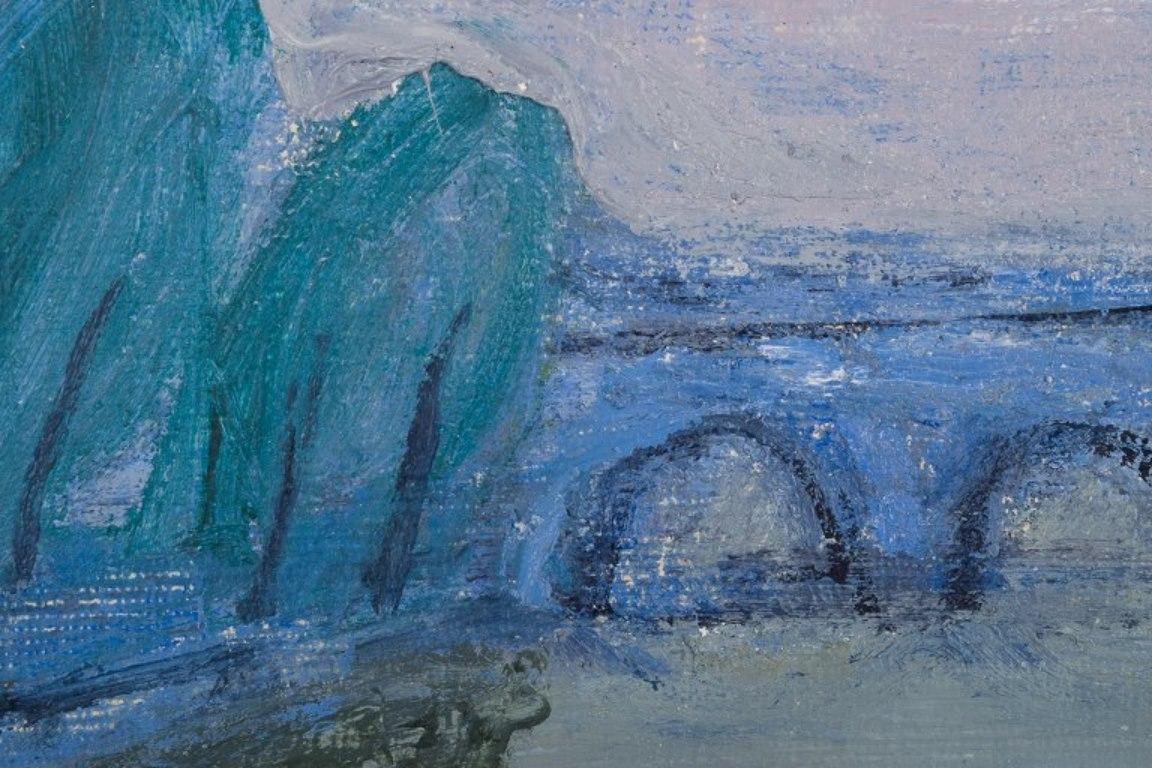 Pär Lindblad, listed Swedish artist. Oil on canvas.  Landscape with river In Excellent Condition For Sale In Copenhagen, DK