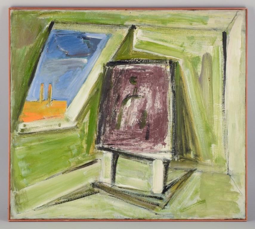 Pär Lindblad (1907-1981).
Oil on canvas. 
Modernist composition. Studio interior.
Mid-20th century.
Exhibition label on the back.
Signed.
In perfect condition.
Canvas dimensions: 73.0 cm x 65.0 cm.
Total dimensions: 74.0 cm x 66.0 cm.