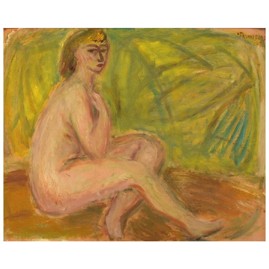 Pär Lindblad, Swedish Artist, Oil on Board, "Modell", Nude Study For Sale