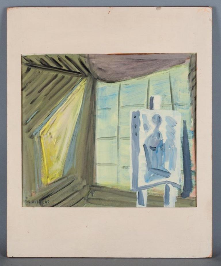 Pär Lindblad (1907-1981), ein schwedischer Künstler, der auf der Liste steht. 
Öl und Temperafarbe auf Karton. 
„Im Studio.“ Mitte des 20. Jahrhunderts.
Unterschrieben.
Abmessungen des Bildes: B 42,0 cm x H 37,5 cm.
Gesamtabmessungen: B 50,0 cm x H