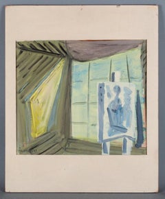 Pär Lindblad, Swedish artist. Oil on cardboard. "In the Studio." Mid-20th C.