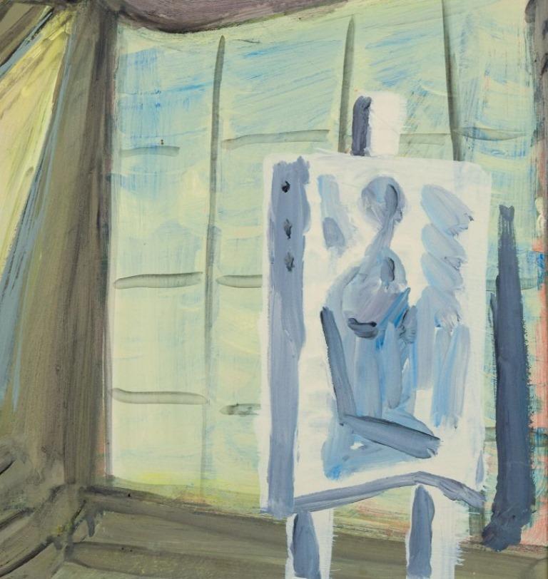 Pär Lindblad, schwedischer Künstler. Öl auf Karton. „Im Studio.“ Mitte des 20. Jahrhunderts (Skandinavische Moderne) im Angebot