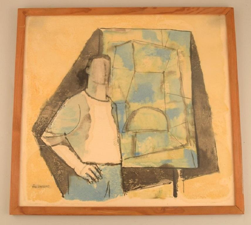 Pär Lindblad (1907-1981), Swedish artist. Watercolor on paper. 
Male figure by the easel.
Mid-20th century.
The paper measures: 49 x 46 cm.
The frame measures: 2 cm.
In excellent condition.
Signed.