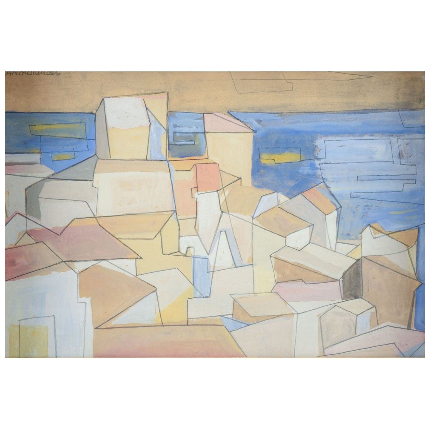 Pär Nordlander. Abstract cityscape by the sea. Mixed media on paper. For Sale