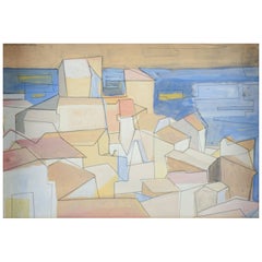 Pär Nordlander. Abstract cityscape by the sea. Mixed media on paper.